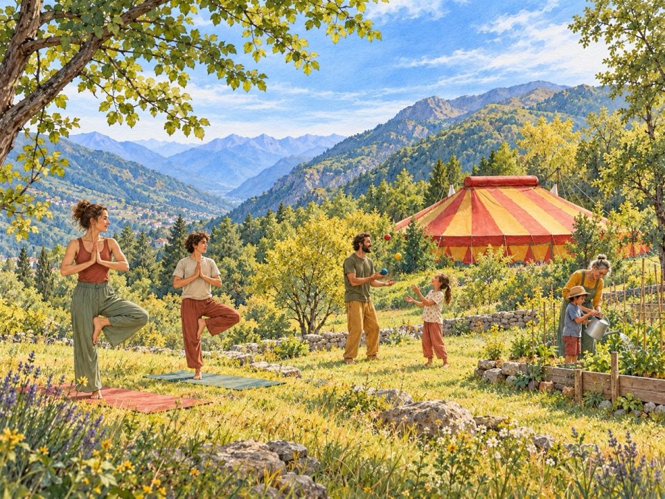 Des enfants préparent un repas et font la vaisselle ensemble sous le barnum