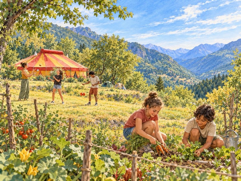 Des enfants expérimentent le jonglage, l’équilibre et le tissu sous le chapiteau