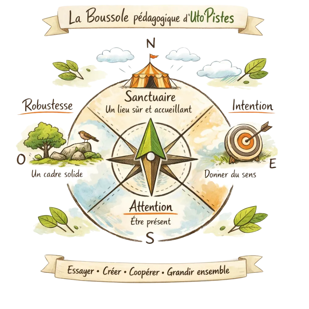 La boussole pédagogique d’Uto’Pistes : Sanctuaire au nord, Robustesse à l’ouest, Intention à l’est et Attention au sud