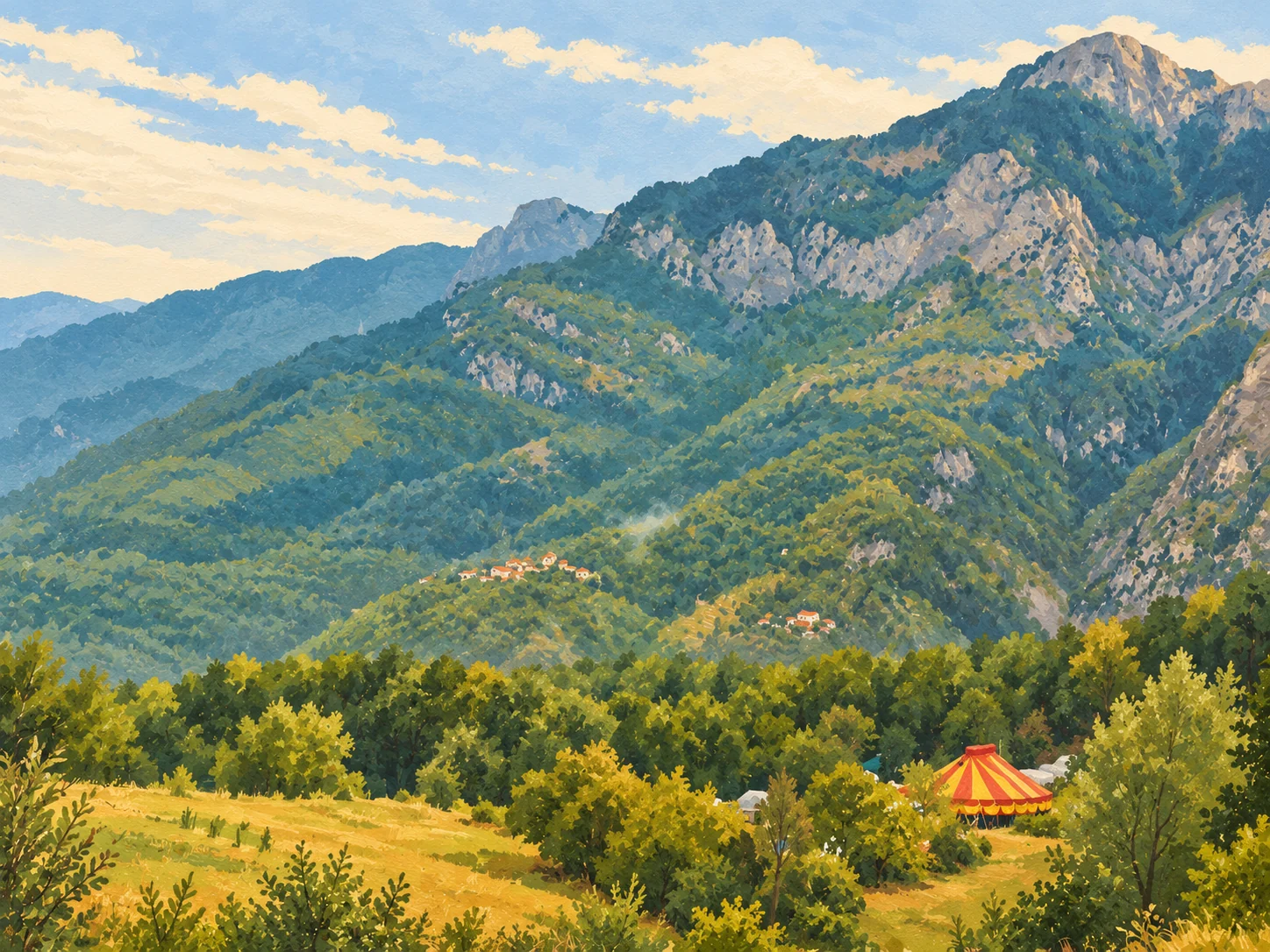 Illustration de Pélasque Supérieur : les montagnes de la Vésubie et le chapiteau rouge et jaune au milieu des arbres