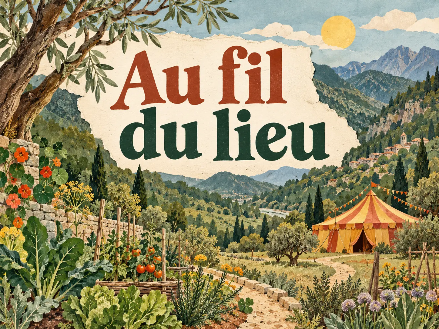 Au fil du lieu — le chapiteau, le potager et les montagnes en illustration.